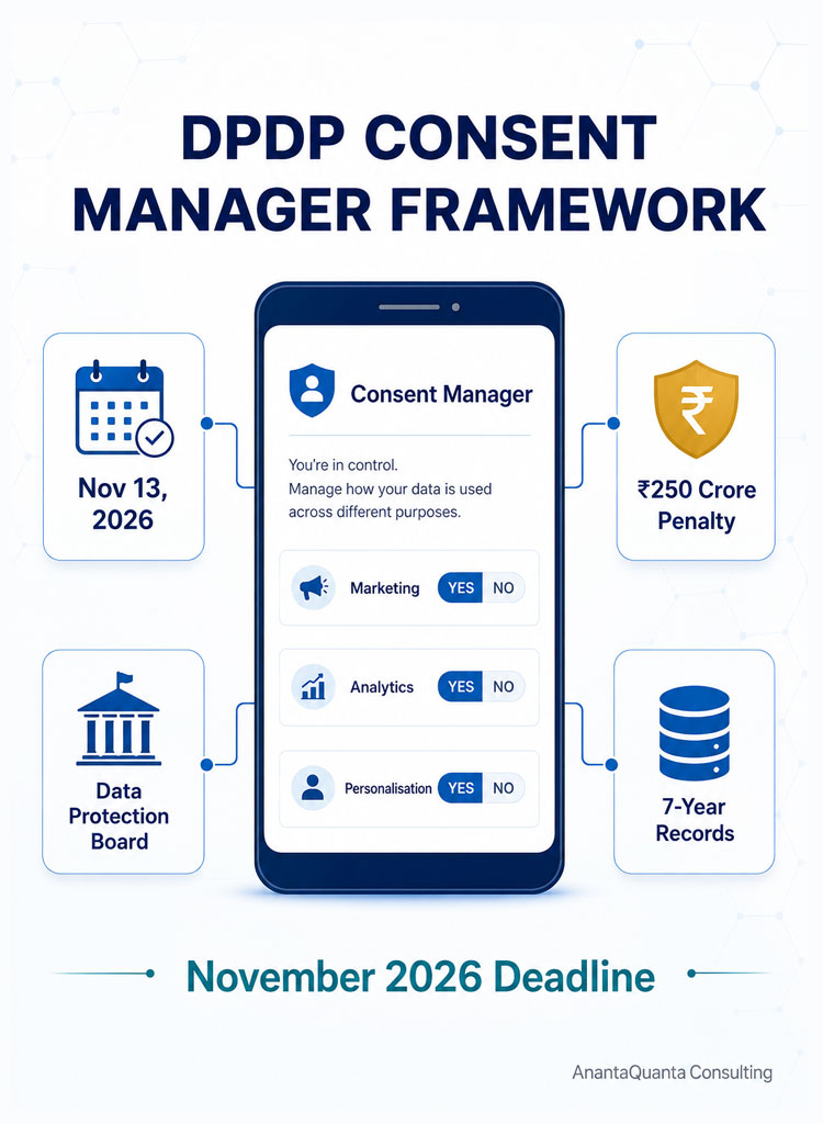 DPDP Consent Manager framework India November 2026 compliance diagram showing Data Fiduciary obligations